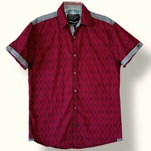 Tranquilty & Mayhem Short Sleeves Button Up Shirt Men Size M Geometric Burgundy